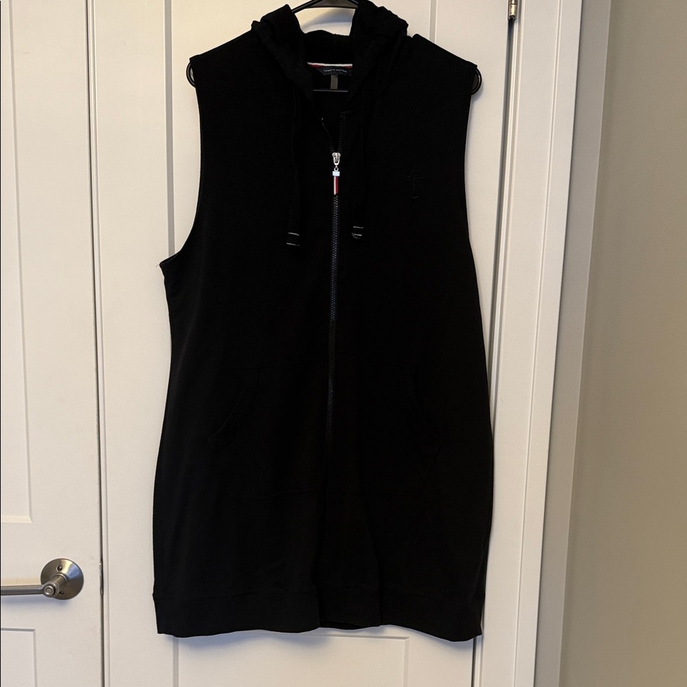Sleeveless Black Hooded Zip-Up cover up